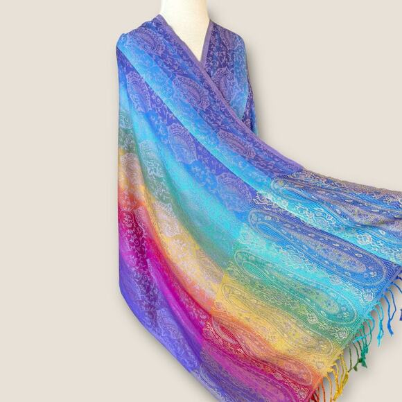 Gypsie Blu Pashmina Viscose Rainbow Paisley Ombre Fringed Scarf Shawl Wrap New - Picture 3 of 7